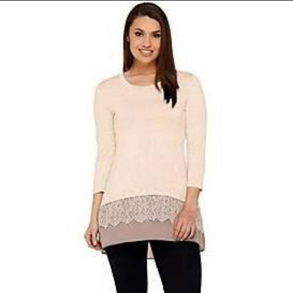 LOGO Layered Lace Trim Tunic Top Beige